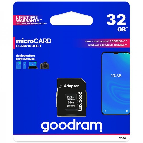 GOODRAM microSDHC 32GB Class 10 UHS-I + SD Adapter GOODRAM microSDHC 32GB Class 10 UHS-I + SD Adapter
