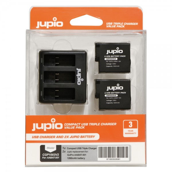 Jupio kit:2x Battery AABAT-001 for GoPro HERO5/6/7, HERO (2018) 1260mAh + Compact USB Triple Charger